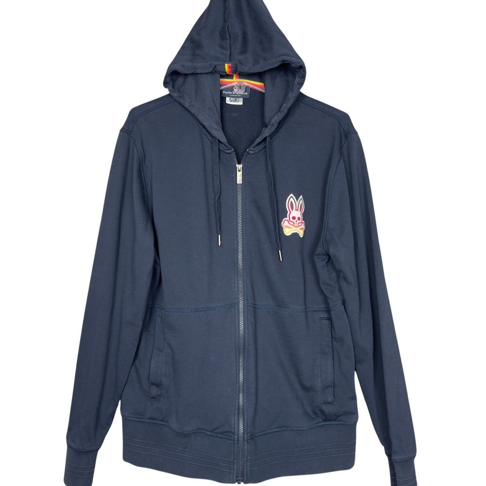 Psycho Bunny Full Zip Hoodie Mens L Navy Blue Neon Gradient Logo Heavy Weight - Picture 9 of 9